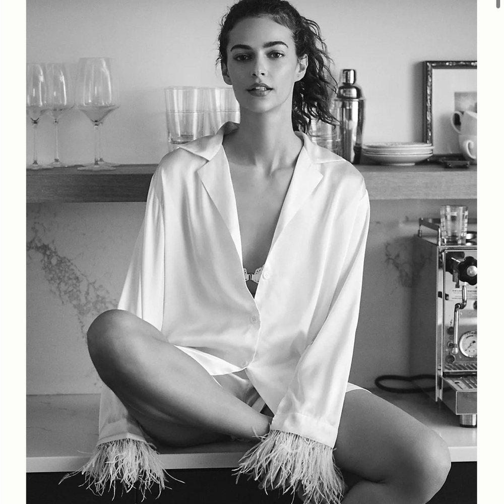 Audrey Adele Feather-Trim Pajama Blouse & Shorts Set